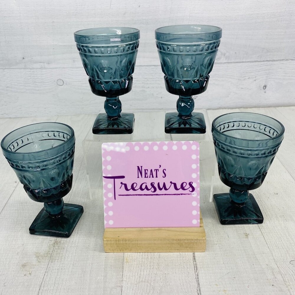 Vintage Colony PARK LANE BLUE Square Base  Press Stem 4oz Wine Glasses Set of 4